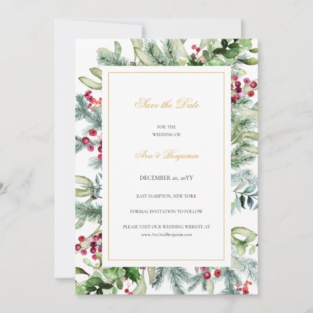 Save The Date Mariage Ava Winter Greenery Berries (Devant)