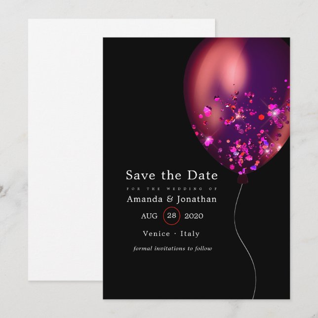 Save The Date Mariage avec ballon en confettis (Devant / Derrière)