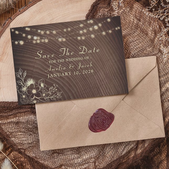 Save The Date Mariage avec Bois Rustique et Lumières de Fête (Créateur téléchargé)