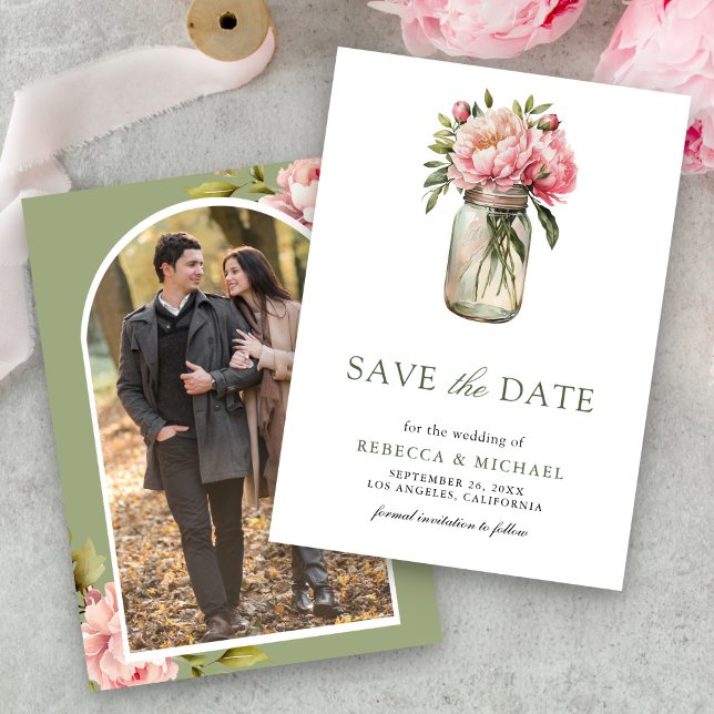 Save The Date Mariage avec photo de pot Mason à fleurs roses (Créateur téléchargé)