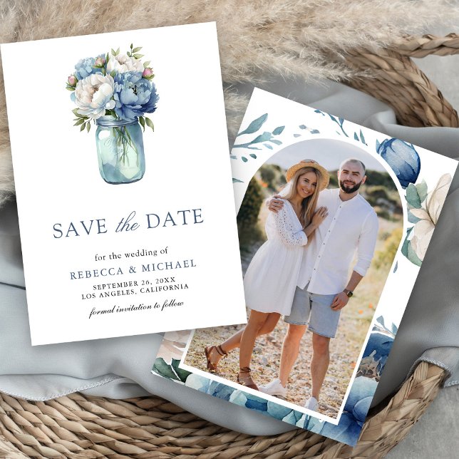 Save The Date Mariage avec photo de pot Mason floral bleu poussi (Créateur téléchargé)