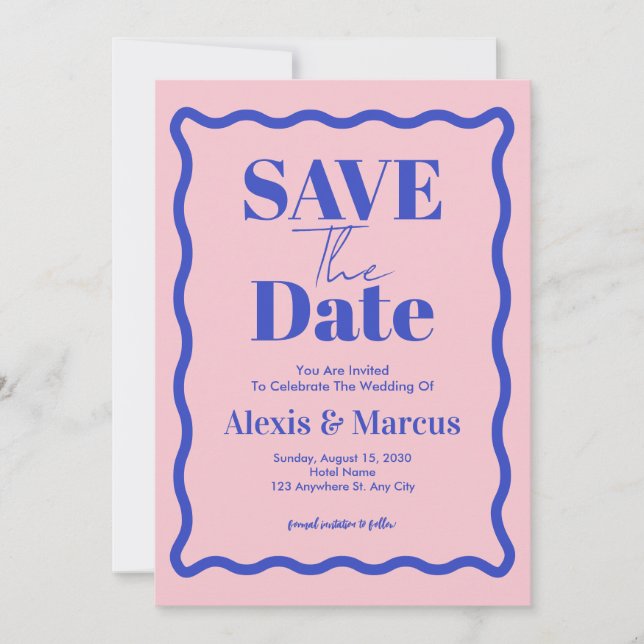 Save The Date Mariage avec photo de squiggle ondulé bleu rétro (Devant)