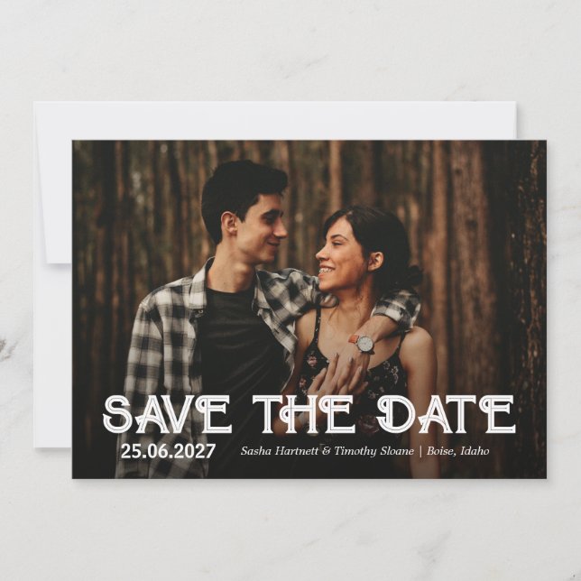 Save The Date Mariage avec une seule photo blanche superposition (Devant)