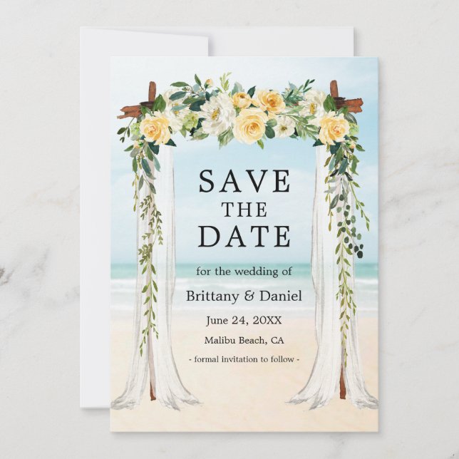 Save The Date Mariage Beach Canopy Aquarelle Jaune Floral (Devant)