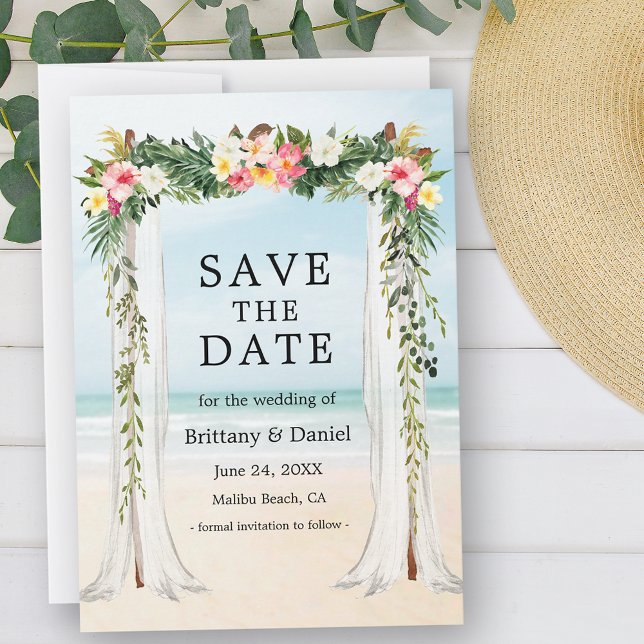 Save The Date Mariage Beach Canopy Aquarelle Tropical Floral (Customize to change text size, text style or to add more text to back of card.)