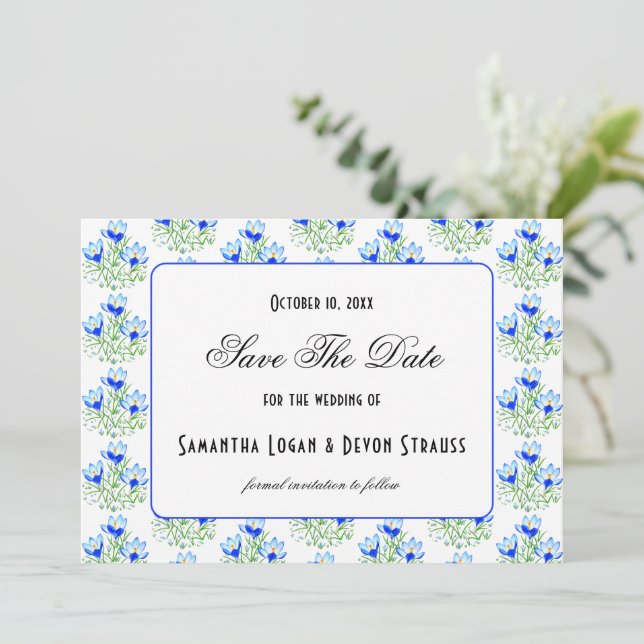 Save The Date Mariage Blanc Crocus Bleu (Debout devant)