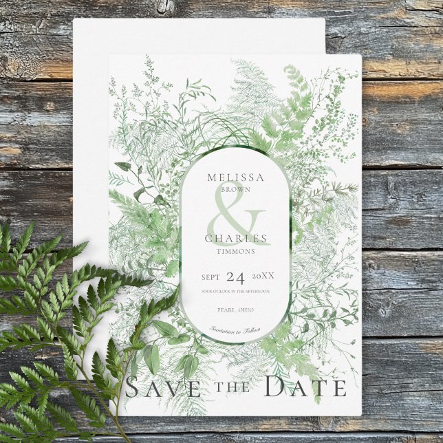 Save The Date Mariage blanc de feuillage vert de fougère rustiqu (Rustic Fern Green Foliage White Wedding Save The Date)