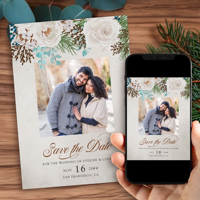 Save The Date Mariage blanc d'hiver Roses et Pine Photo (Photo Save the Date for christmas engagement or Winter Wedding wth elegant calligraphy)