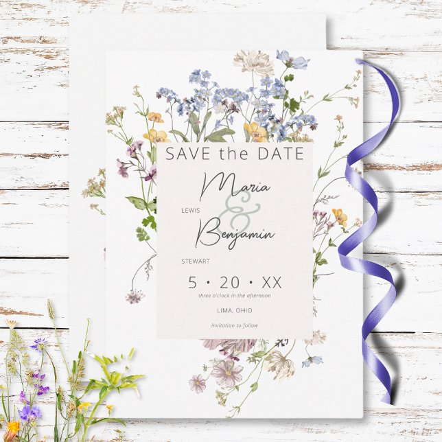 Save The Date Mariage blanc Fleur sauvage Boho Delicate (Delicate Boho Wildflowers White Wedding Save The Date)