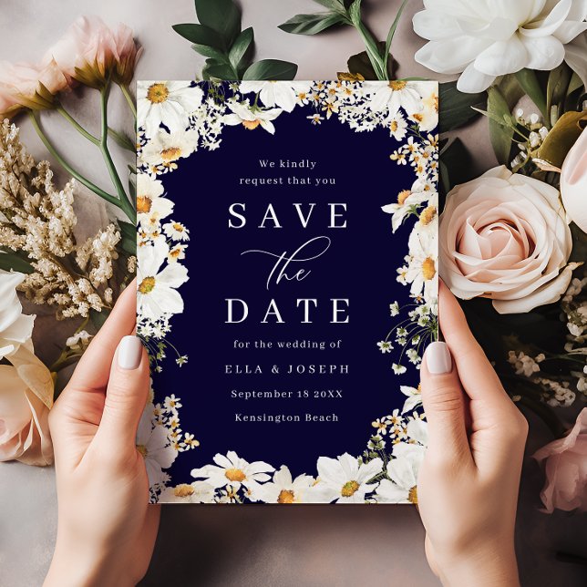 Save The Date Mariage Blanc Floral Époustouflant & Navy Profond (Créateur téléchargé)