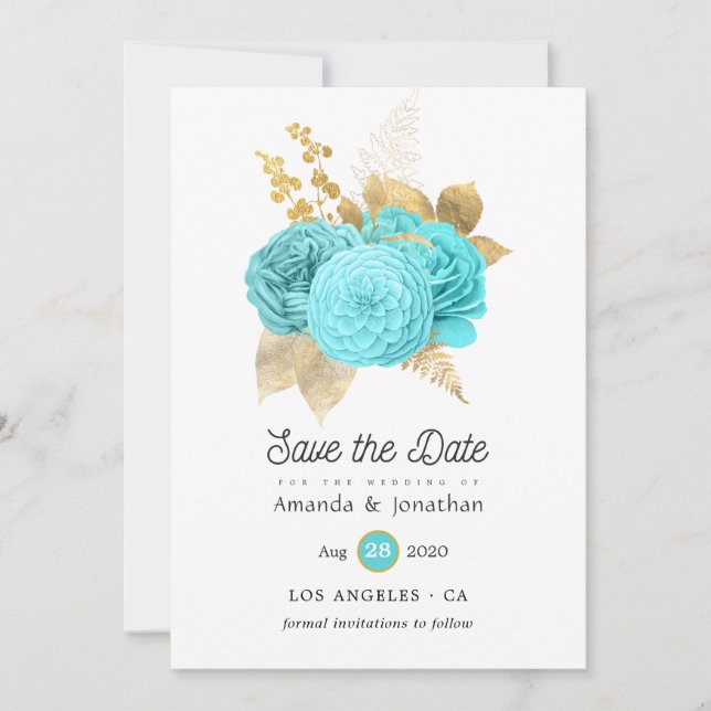 Save The Date Mariage bleu Aqua et or Floral (Devant)