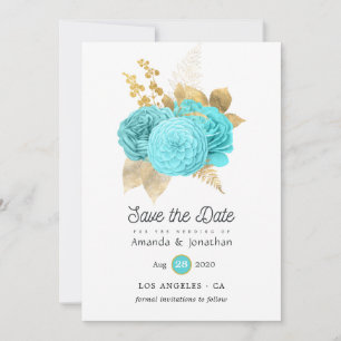 Save The Date Mariage bleu Aqua et or Floral