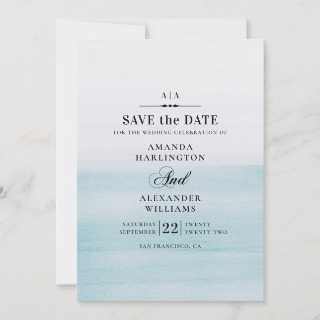 Save The Date Mariage bleu aquarelle. Classique nautique élégant (Devant)