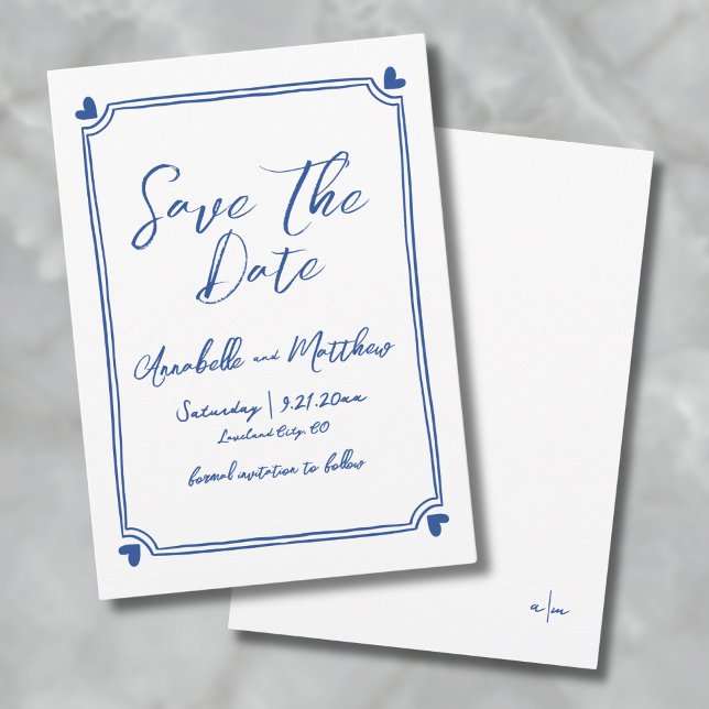 Save The Date Mariage Bleu Dessiné à la Main (Simple Hand Drawn Blue Wedding Save the Date)