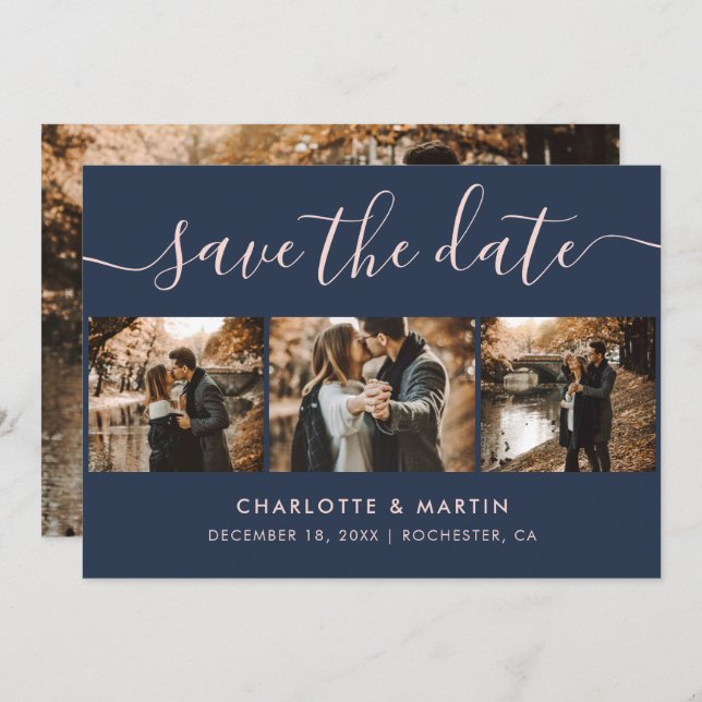 Save The Date Mariage bleu et bleu marine moderne 4 Photo (Devant / Derrière)
