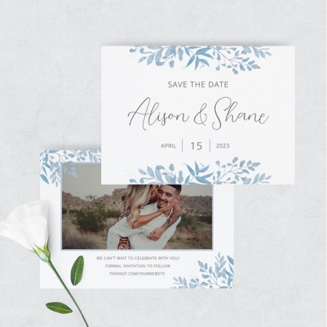 Save The Date Mariage bleu Eucalyptus Gras Texte et photo (Créateur téléchargé)