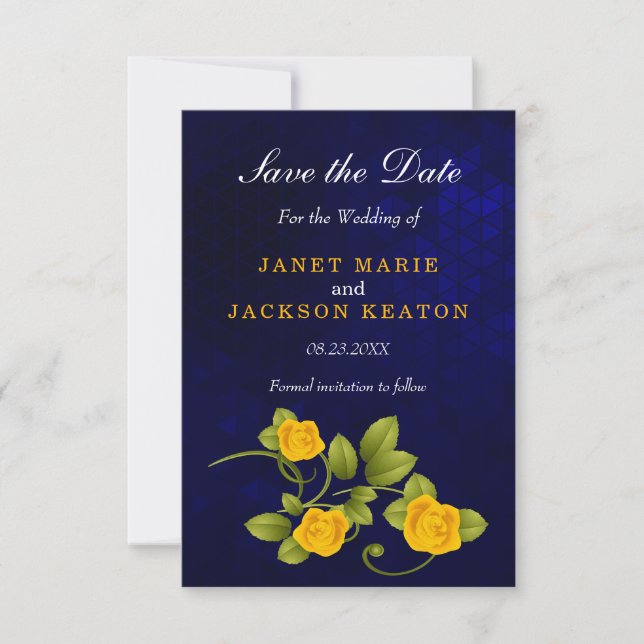Save The Date Mariage bleu foncé et marigold jaune rose (Devant)