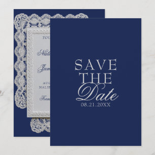 Save The Date Mariage bleu marine en dentelle vintage à l'ancien