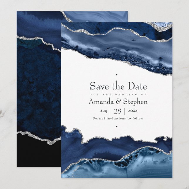Save The Date Mariage Bleu Marine et Agate Argentée (Devant / Derrière)