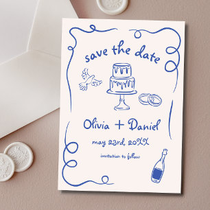 Save The Date Mariage Bleu Nuit au Dessin Main Fantaisiste