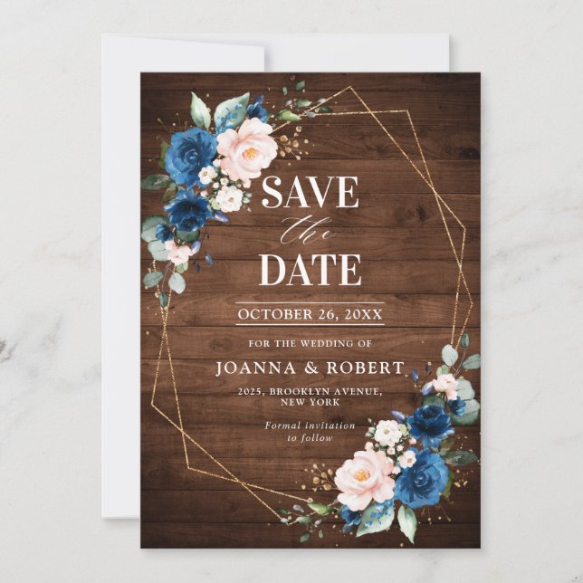 Save The Date Mariage Bleu Nuit Blush Bois Rustique Géométrique  (Devant)