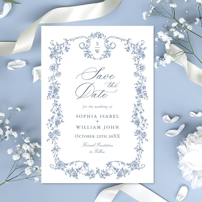 Save The Date Mariage Bleu Poussiéreux à Fleurs de Grâce Ornée V (Créateur téléchargé)