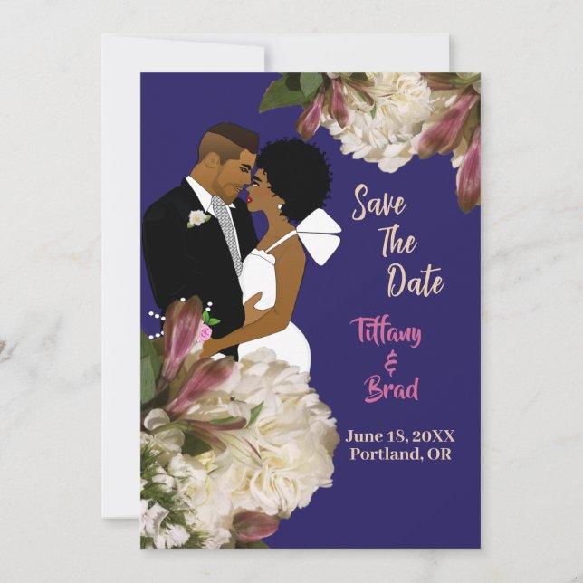 Save The Date Mariage bleu royal afro-américain (Devant)