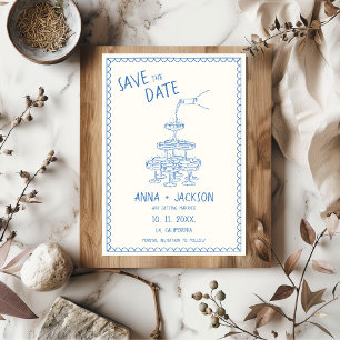 Save The Date Mariage bleu Vintage illustré à la main