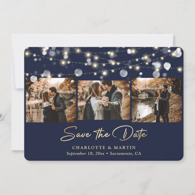 Save The Date Mariage Blue Gold de la Marine moderne Photo Enreg (Devant)