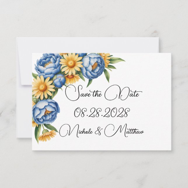 Save The Date Mariage Blue Peony et Yellow Daisy (Devant)