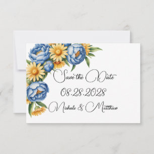 Save The Date Mariage Blue Peony et Yellow Daisy