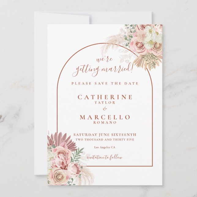 Save The Date Mariage Bohème Arc en Terre Cuite Herbe des Pampas (Devant)