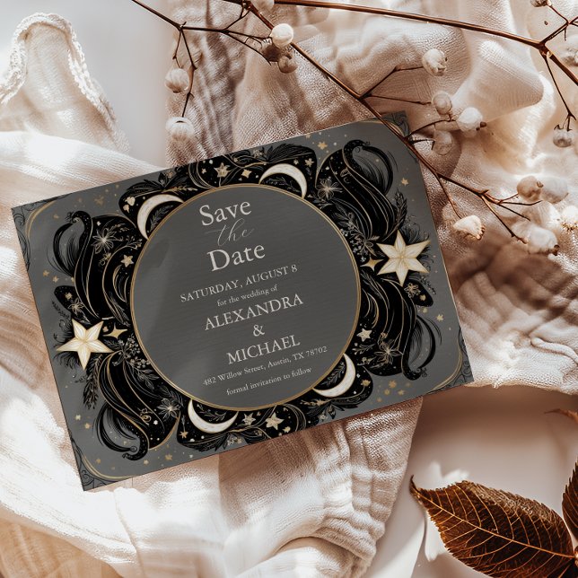 Save The Date Mariage Bohème Céleste Lune Étoilée Nuit Mystique (Créateur téléchargé)