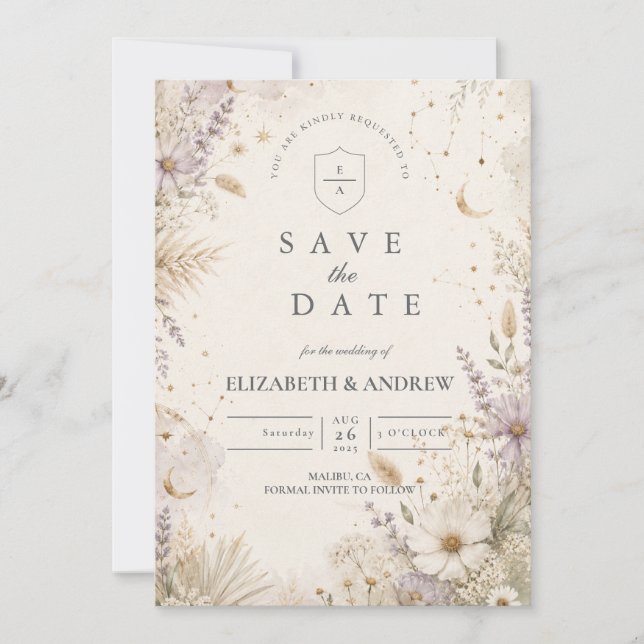 Save The Date Mariage bohème céleste sous la lune élégante (Devant)