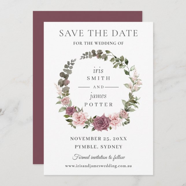Save The Date Mariage bohème chic avec rose cinabre et verdure f (Devant / Derrière)