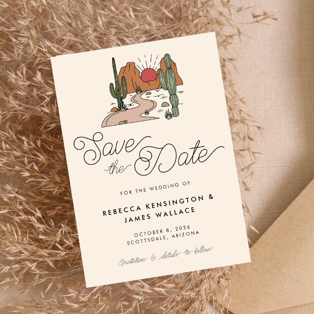 Save The Date Mariage Bohème Désert Cactus Écriture Moderne (Créateur téléchargé)