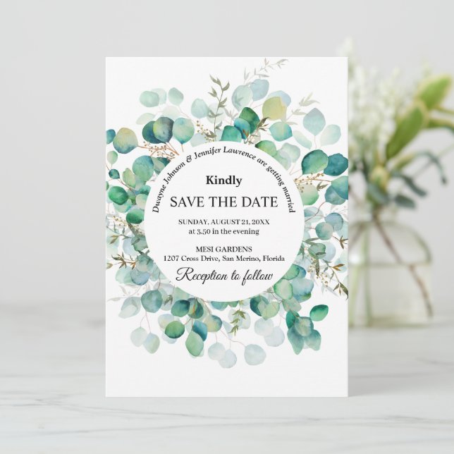 Save The Date Mariage bohème d'été avec eucalyptus verdoyant (Debout devant)