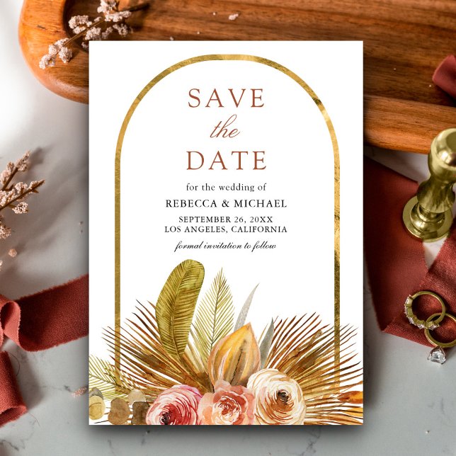 Save The Date Mariage Bohème Doré avec Arche Florale Rustique et (Créateur téléchargé)