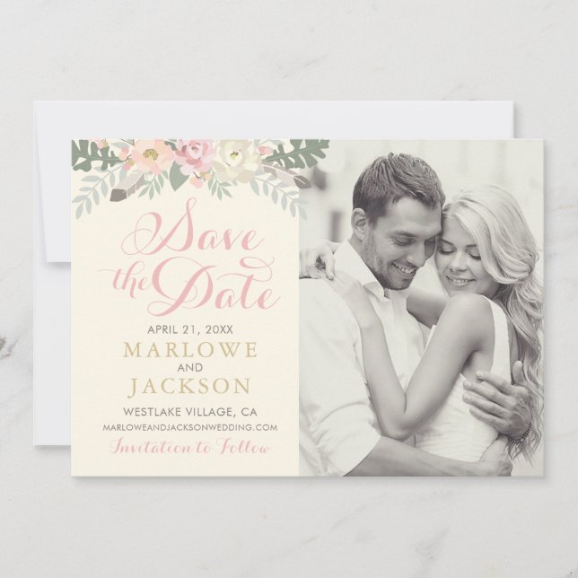 Save The Date Mariage Bohème Élégant aux Fleurs Roses et Dorées (Devant)