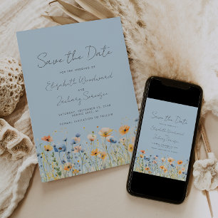 Save The Date Mariage Bohème Fleur de Border Orange Bleu Poussié
