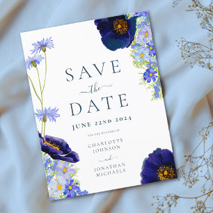 Save The Date Mariage Bohème Fleur de Champ Bleu Moderne