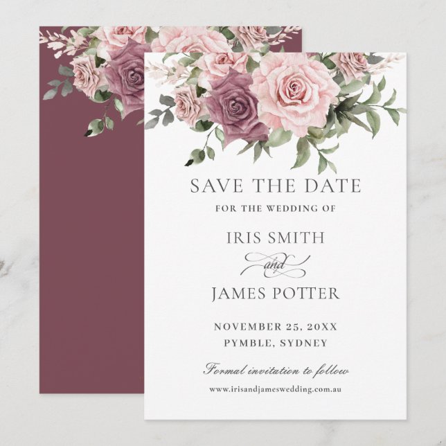 Save The Date Mariage Bohème Fleurie de Cinnamon Rose et de Verd (Devant / Derrière)