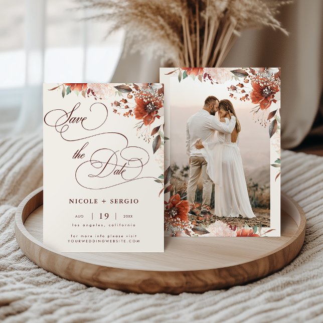 Save The Date Mariage Bohème Floral Automnal Élégant Script & Ph (Créateur téléchargé)