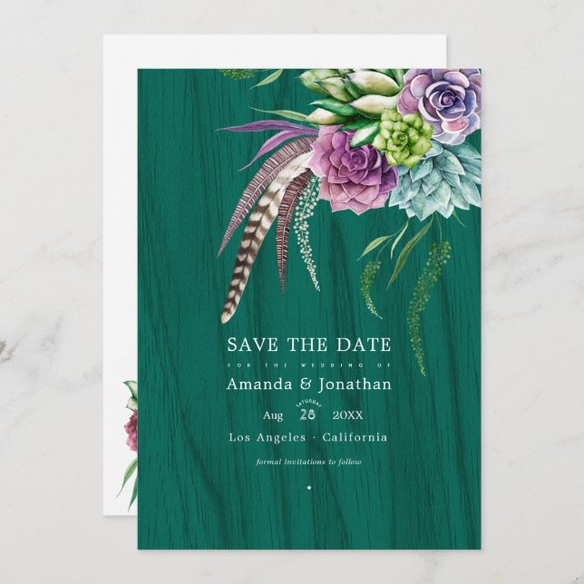 Save The Date Mariage Bohème Mystique Rustique avec Succulentes (Devant / Derrière)
