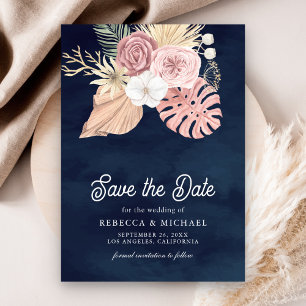 Save The Date Mariage Bohème Palmier Roses Rose Poussiéreux Bleu