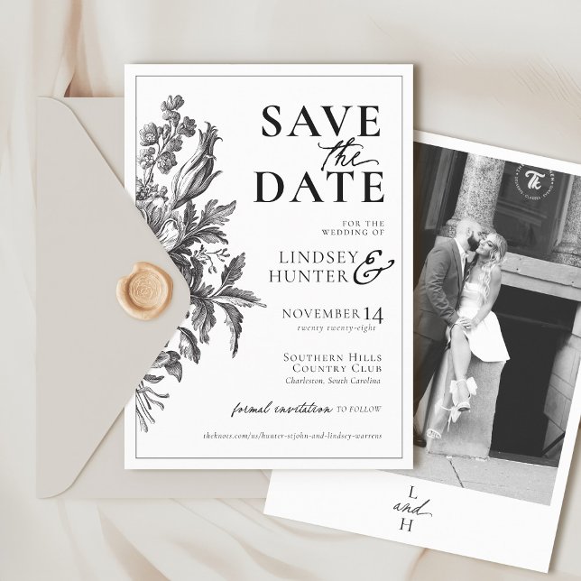 Save The Date Mariage Bohème Photo Floral Noir et Blanc de Style (Vintage romantic floral black and white elegant photo monogram classic modern wedding save the Date)