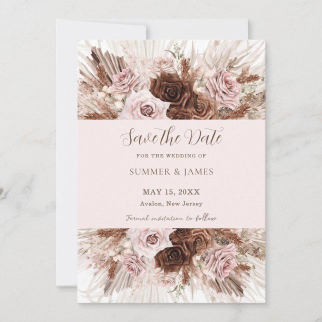 Save The Date Mariage Bohème Rose Poussiéreux Brun Floral Herbe  (Devant)