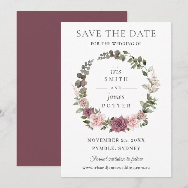 Save The Date Mariage Bohème Rouge Cendré Rose Fleurie Végétal (Devant / Derrière)