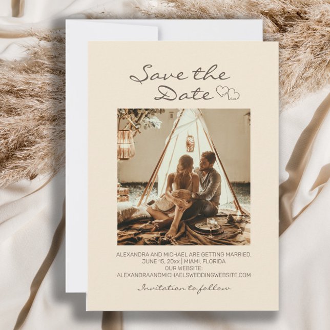 Save The Date Mariage Bohème Rustique Cœurs  (Wedding Save-the-Date photo card with 2 hearts.)