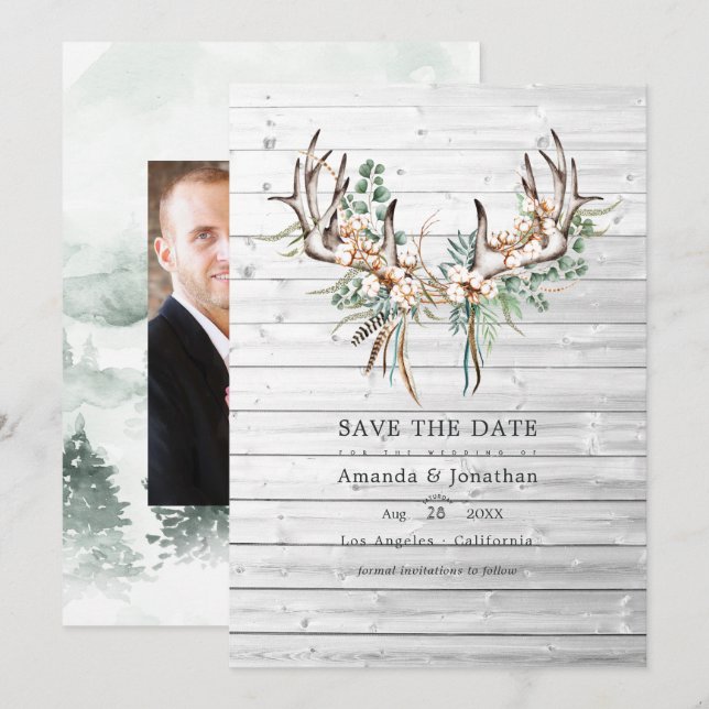 Save The Date Mariage Bohème Rustique en Coton et Eucalyptus (Devant / Derrière)
